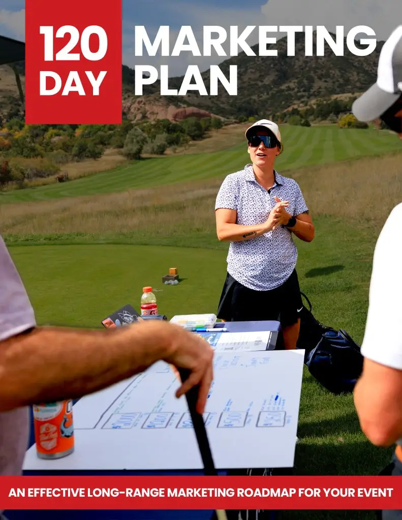 golfers standing in the fairway by a sponsor booth