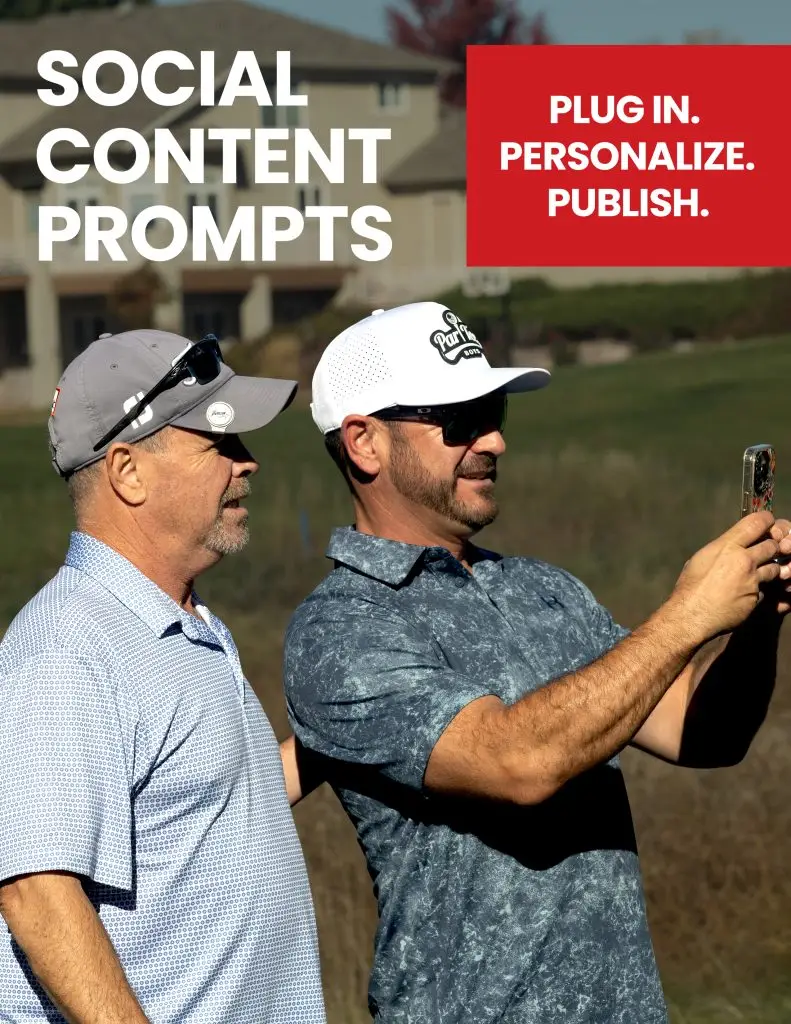 2 golfers looking on their phone for distances to measure their next shot