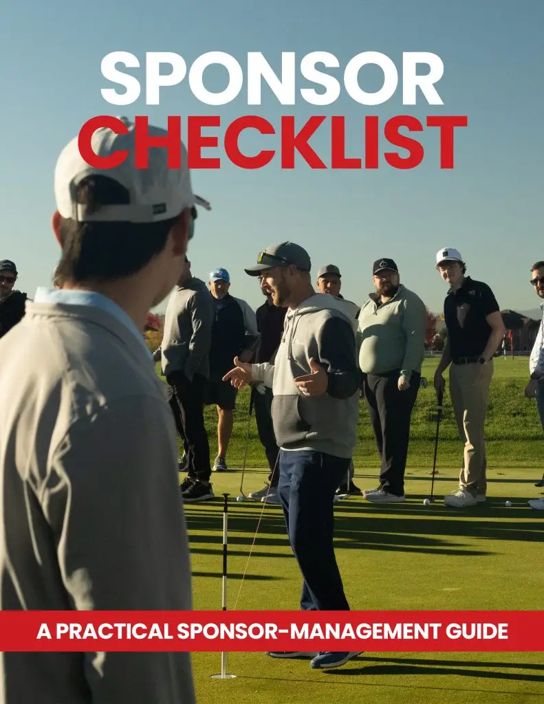 golf tournament organizer standing on putting green surrounded by golfers for a chaos putt