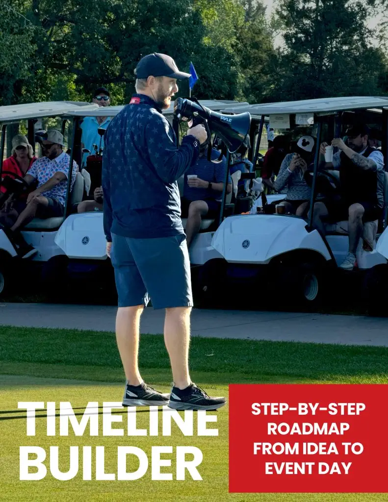 golf tournament organizer with mega phone standing on putting green with speaking to golfers in golf carts