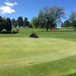 guy riding a lawn mower around a golf course green with trees in the background on a sunny blue sky day
