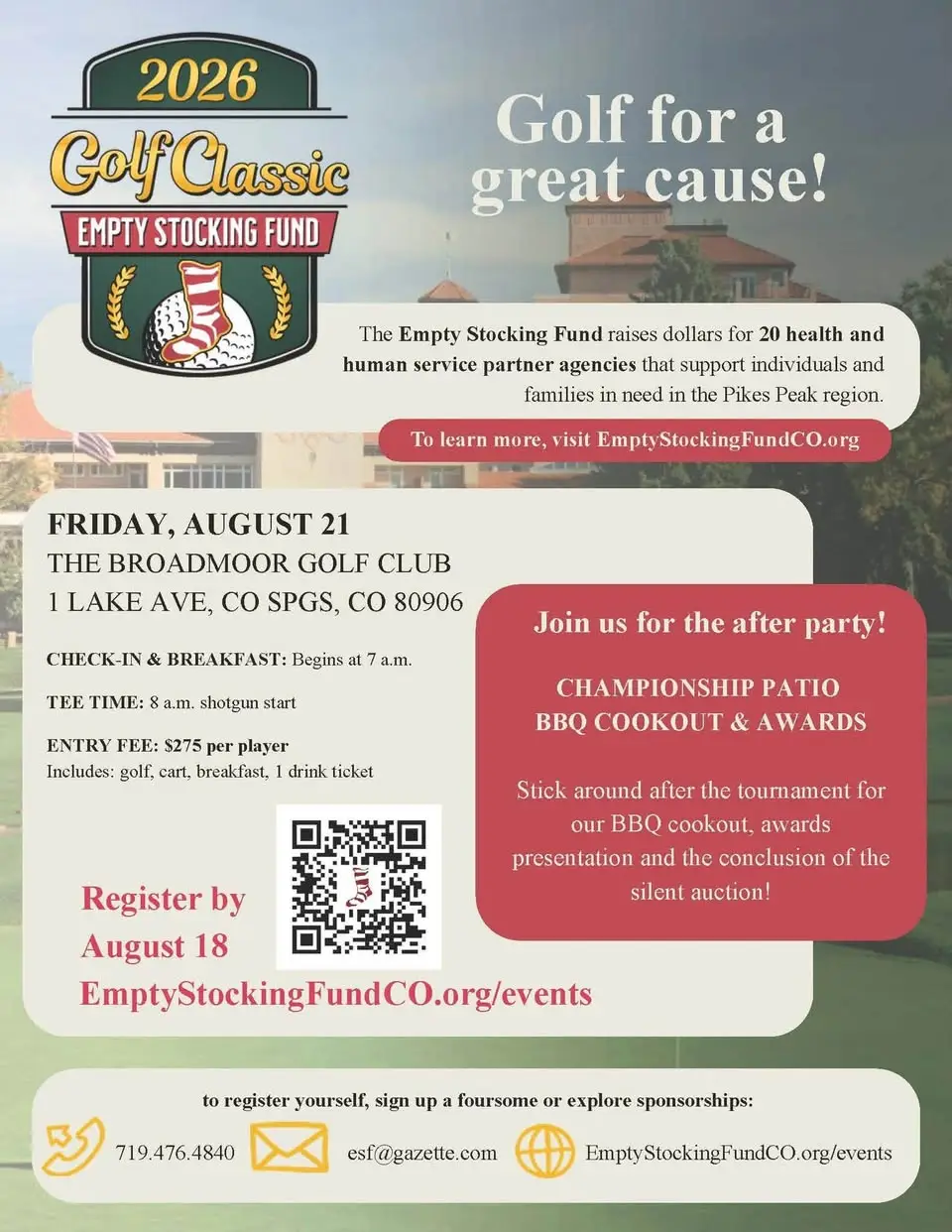 2026 Empty Stocking Fund Golf Classic flyer — August 21, 2026, The Broadmoor Golf Club, Colorado Springs