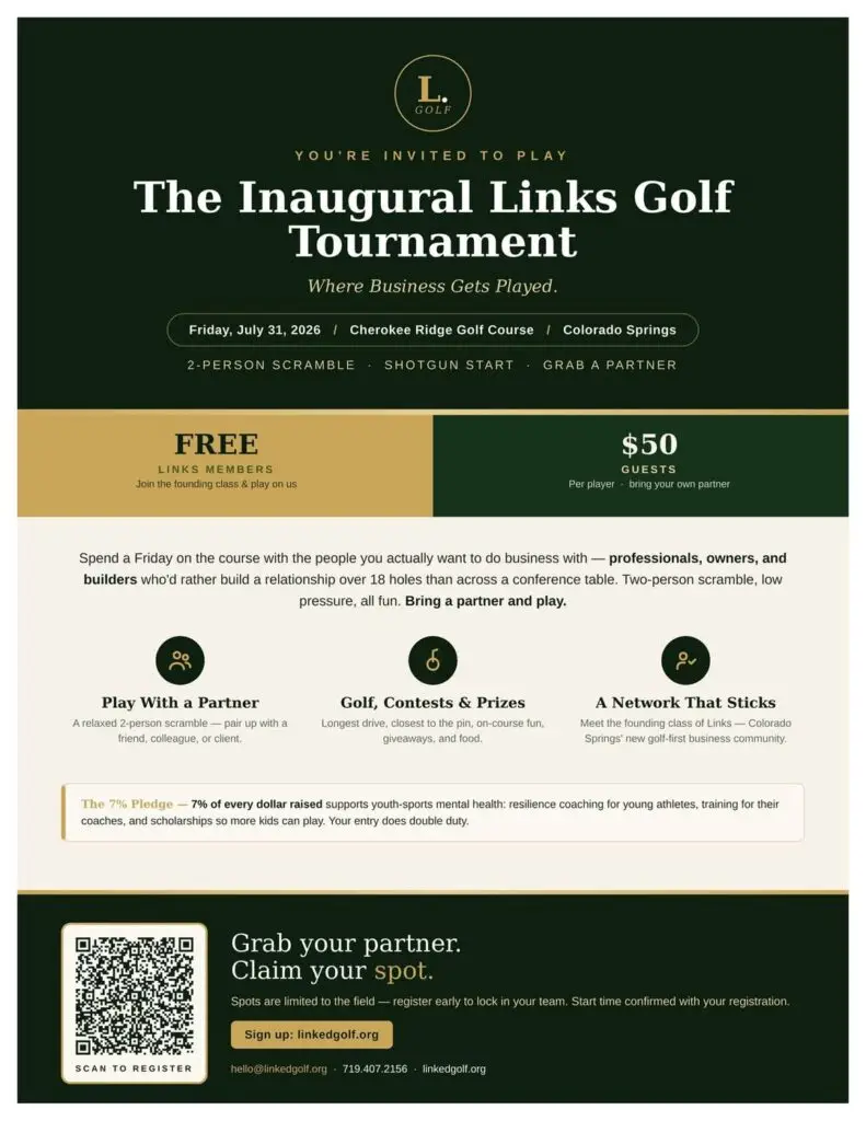 The Inaugural Links Golf Tournament flyer — July 31, 2026, Cherokee Ridge Golf Course, Colorado Springs
