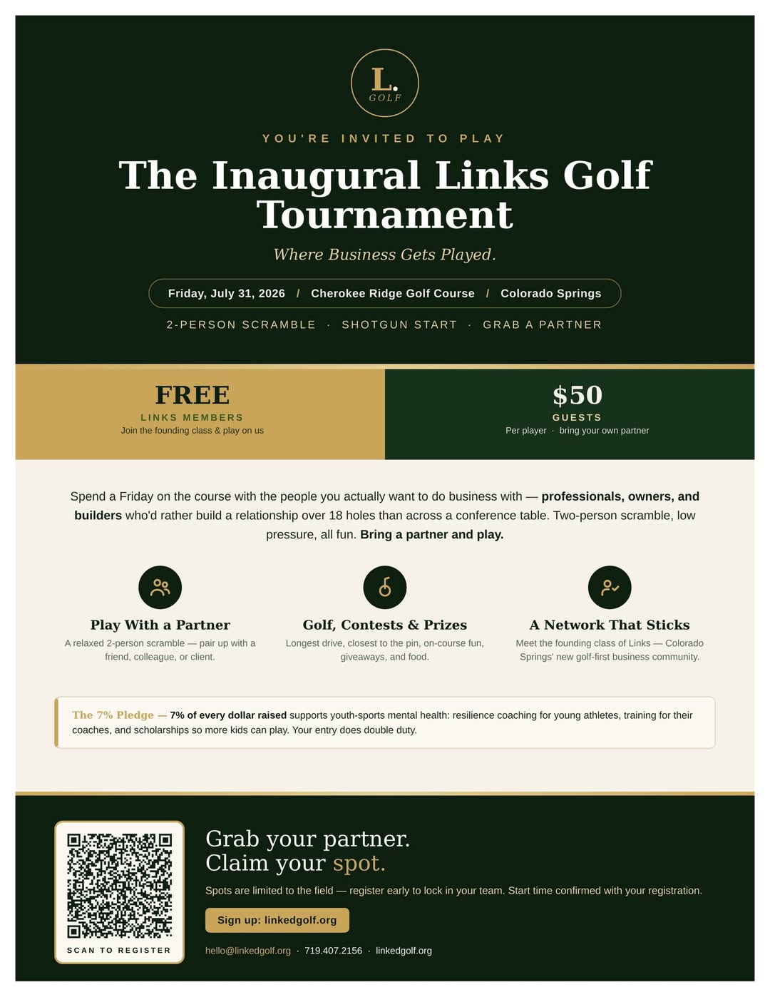 The Inaugural Links Golf Tournament flyer — July 31, 2026, Cherokee Ridge Golf Course, Colorado Springs
