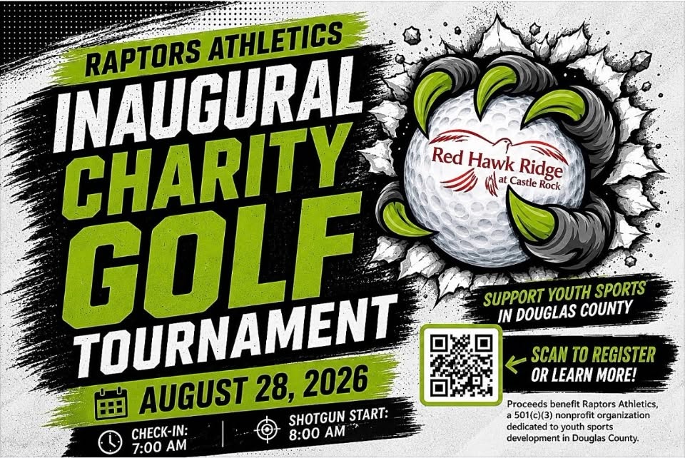 Raptors Athletics Inaugural Charity Golf Tournament flyer — August 28, 2026, Red Hawk Ridge at Castle Rock