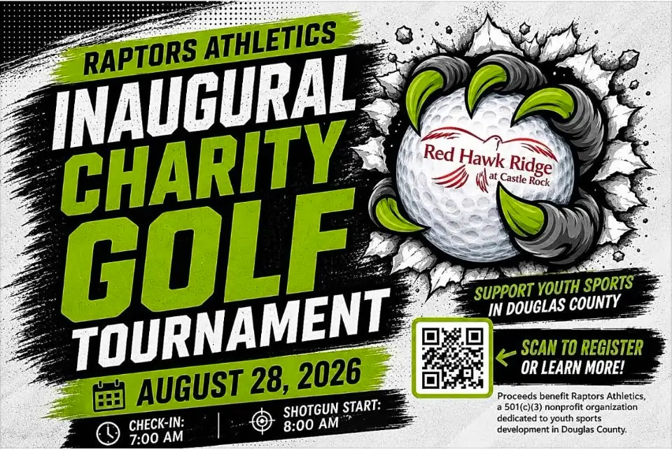 Raptors Athletics Inaugural Charity Golf Tournament flyer — August 28, 2026, Red Hawk Ridge at Castle Rock
