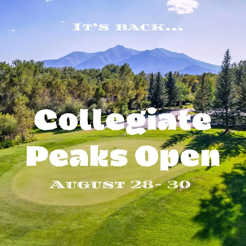 Collegiate Peaks Open golf tournament flyer — August 28–30, 2026 at Collegiate Peaks Golf Course, Buena Vista, Colorado