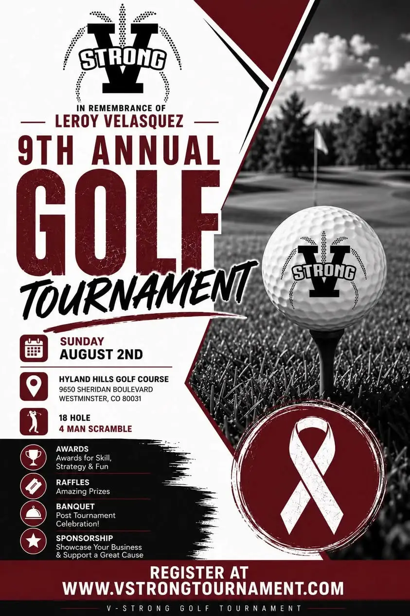 V-Strong 9th Annual Golf Tournament flyer — August 2, 2026, Hyland Hills Golf Course, Westminster, CO