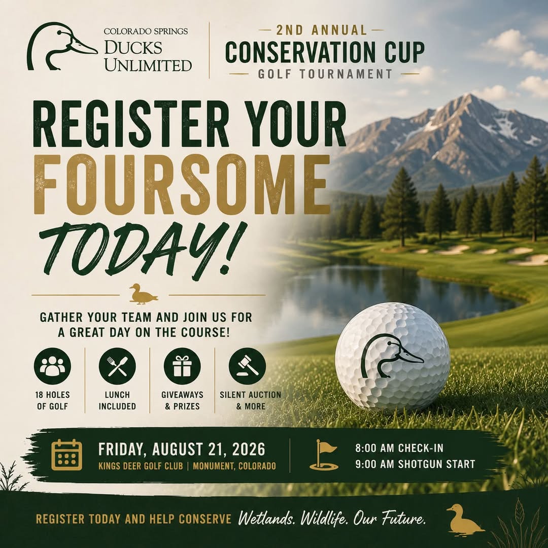2nd Annual Conservation Cup golf tournament flyer — August 21, 2026 at King's Deer Golf Club, Monument, Colorado, benefiting Colorado Springs Ducks Unlimited