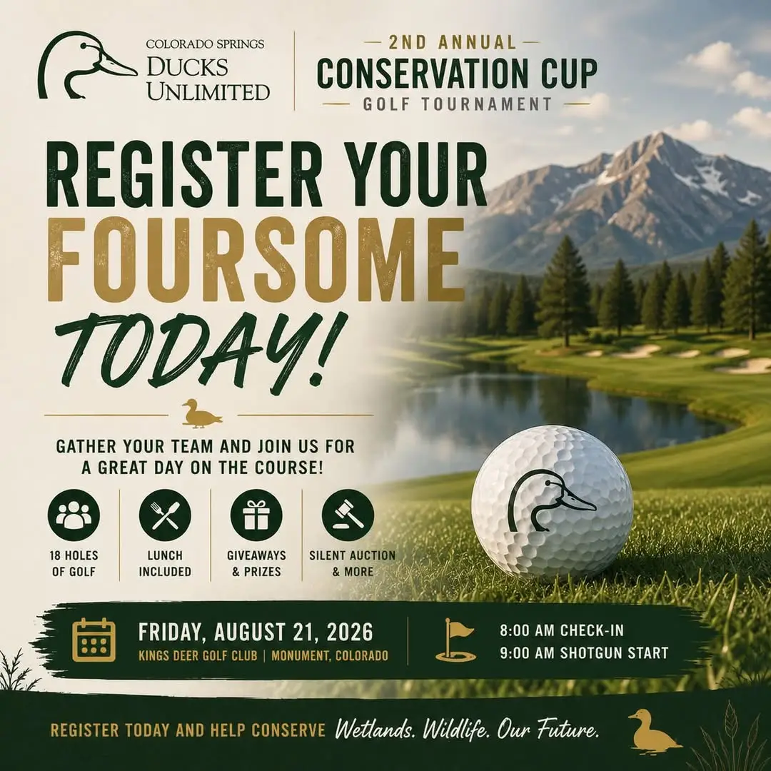 2nd Annual Conservation Cup golf tournament flyer — August 21, 2026 at King's Deer Golf Club, Monument, Colorado, benefiting Colorado Springs Ducks Unlimited