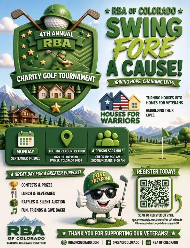 RBA of Colorado 4th Annual Swing Fore a Cause Charity Golf Tournament flyer — Monday, September 14, 2026 at The Pinery Country Club in Parker, benefiting Houses for Warriors