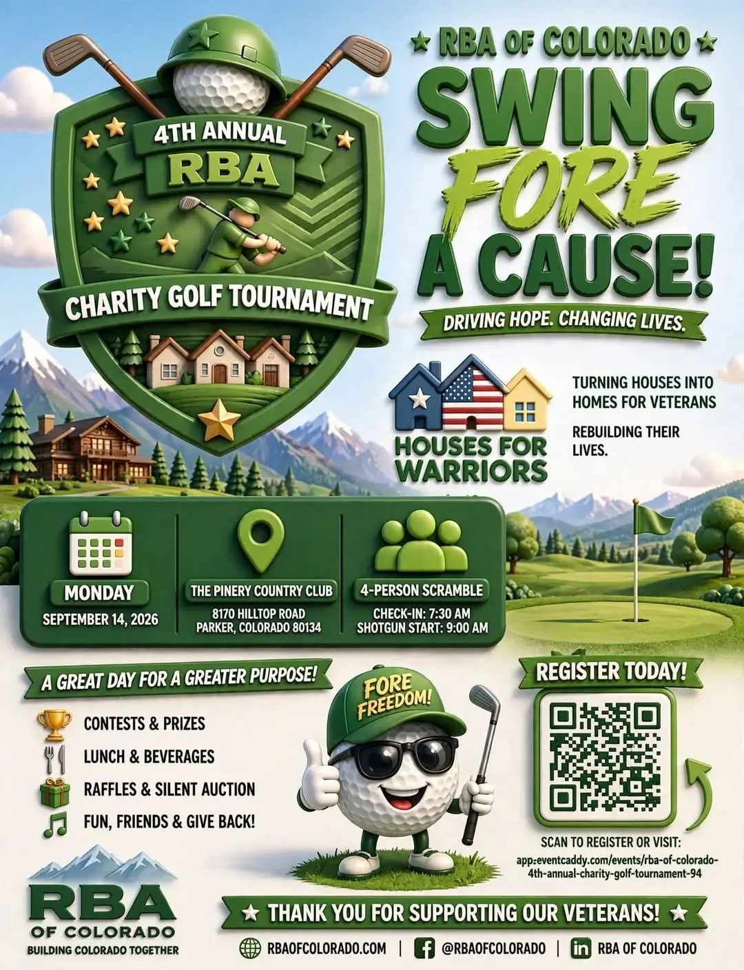 RBA of Colorado 4th Annual Swing Fore a Cause Charity Golf Tournament flyer — Monday, September 14, 2026 at The Pinery Country Club in Parker, benefiting Houses for Warriors