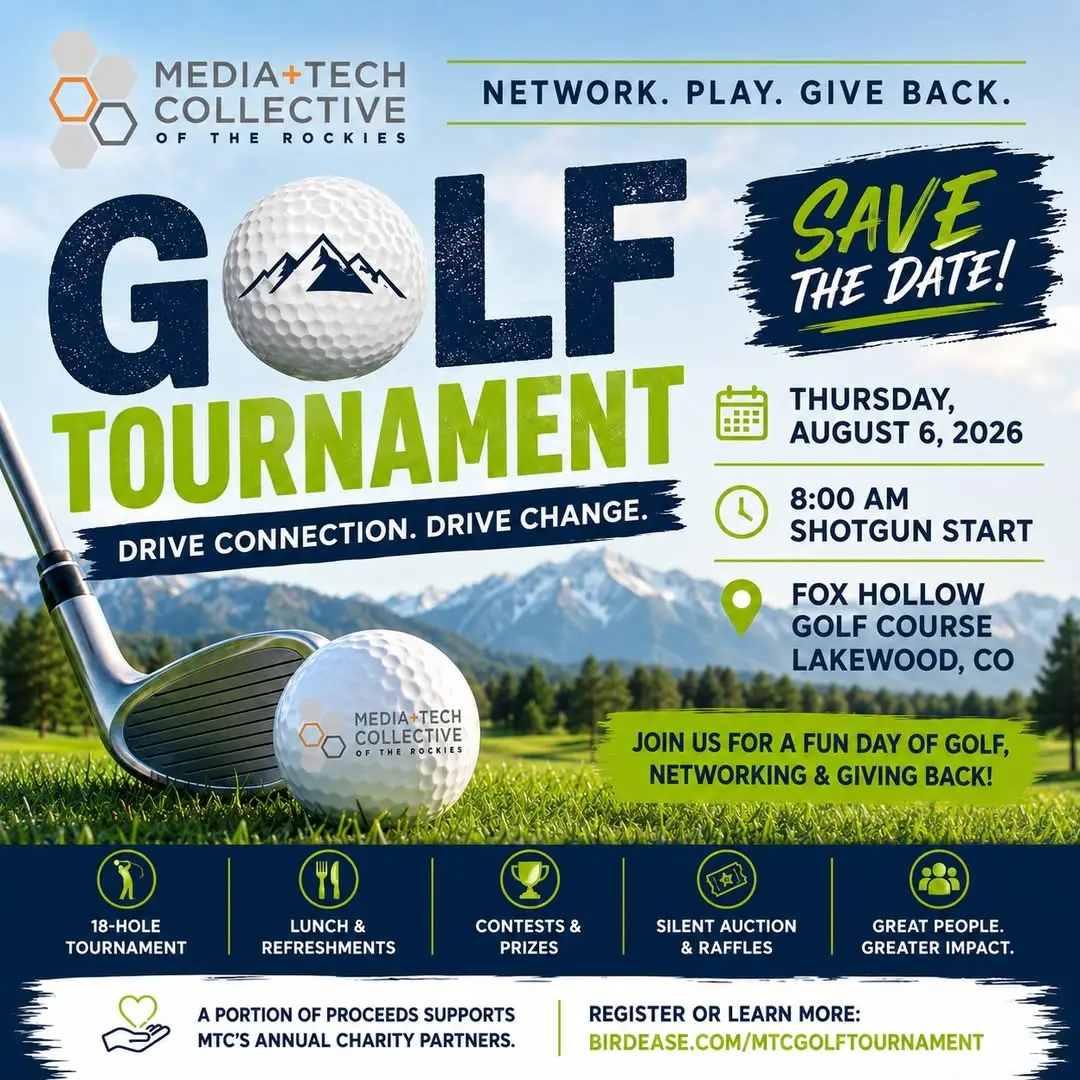 Media + Tech Collective of the Rockies Annual Golf Tournament flyer — Thursday, August 6, 2026, 8:00 AM shotgun start at Fox Hollow Golf Course, Lakewood, Colorado.
