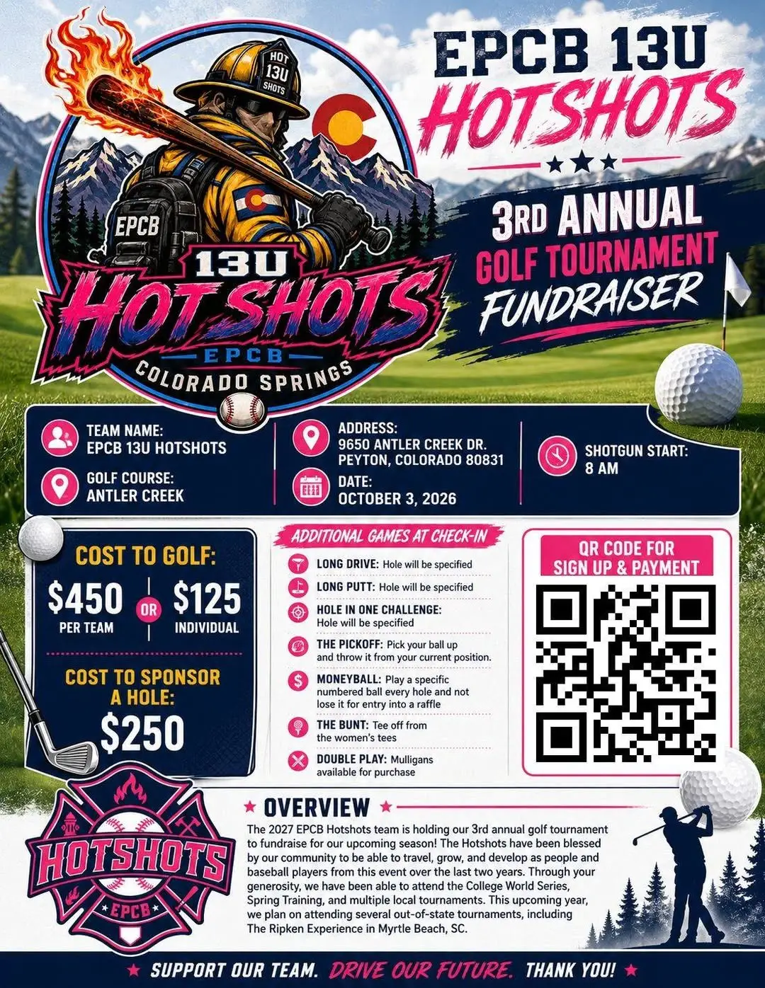 EPCB 13U Hotshots 3rd Annual Golf Tournament Fundraiser flyer — Saturday, October 3, 2026, 8:00 AM shotgun start at Antler Creek Golf Course, Falcon, Colorado.