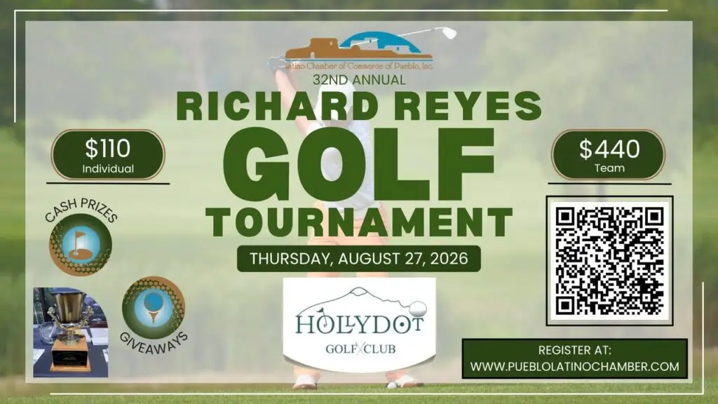 32nd Annual Richard Reyes Golf Tournament banner — Thursday, August 27, 2026 at Hollydot Golf Club, Colorado City, Colorado, hosted by the Latino Chamber of Commerce of Pueblo.