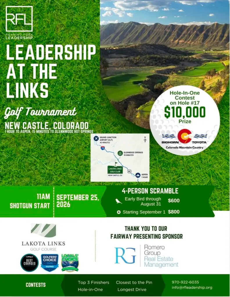 Roaring Fork Leadership — Leadership at the Links Golf Tournament flyer — Friday, September 25, 2026, 11:00 AM shotgun start at Lakota Links Golf Club, New Castle, Colorado.