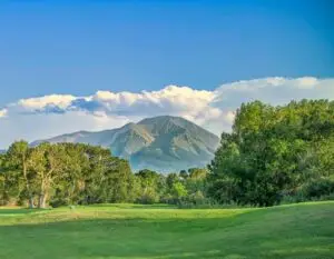 Golf course fairway with Spanish Peaks mountain views at Grandote Peaks Golf Club in La Veta, Colorado
