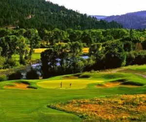 Golf course fairway at Rio Grande Club in South Fork, Colorado, with mountain views