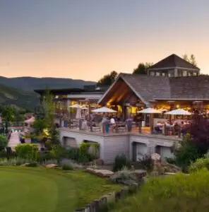 Clubhouse and mountain views at Sonnenalp Golf Club in Edwards, Colorado
