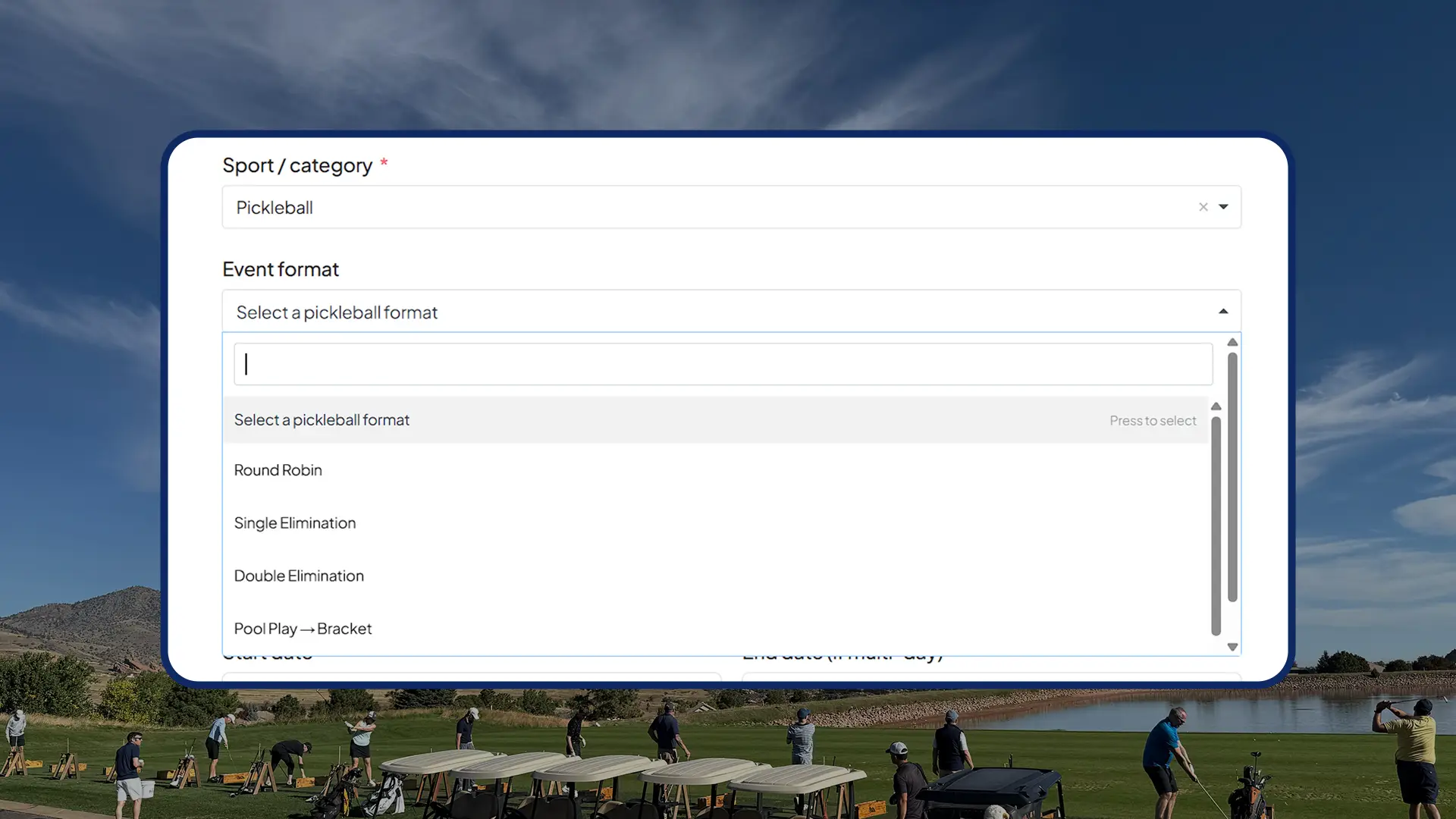 The event submission form showing the sport and event format dropdowns