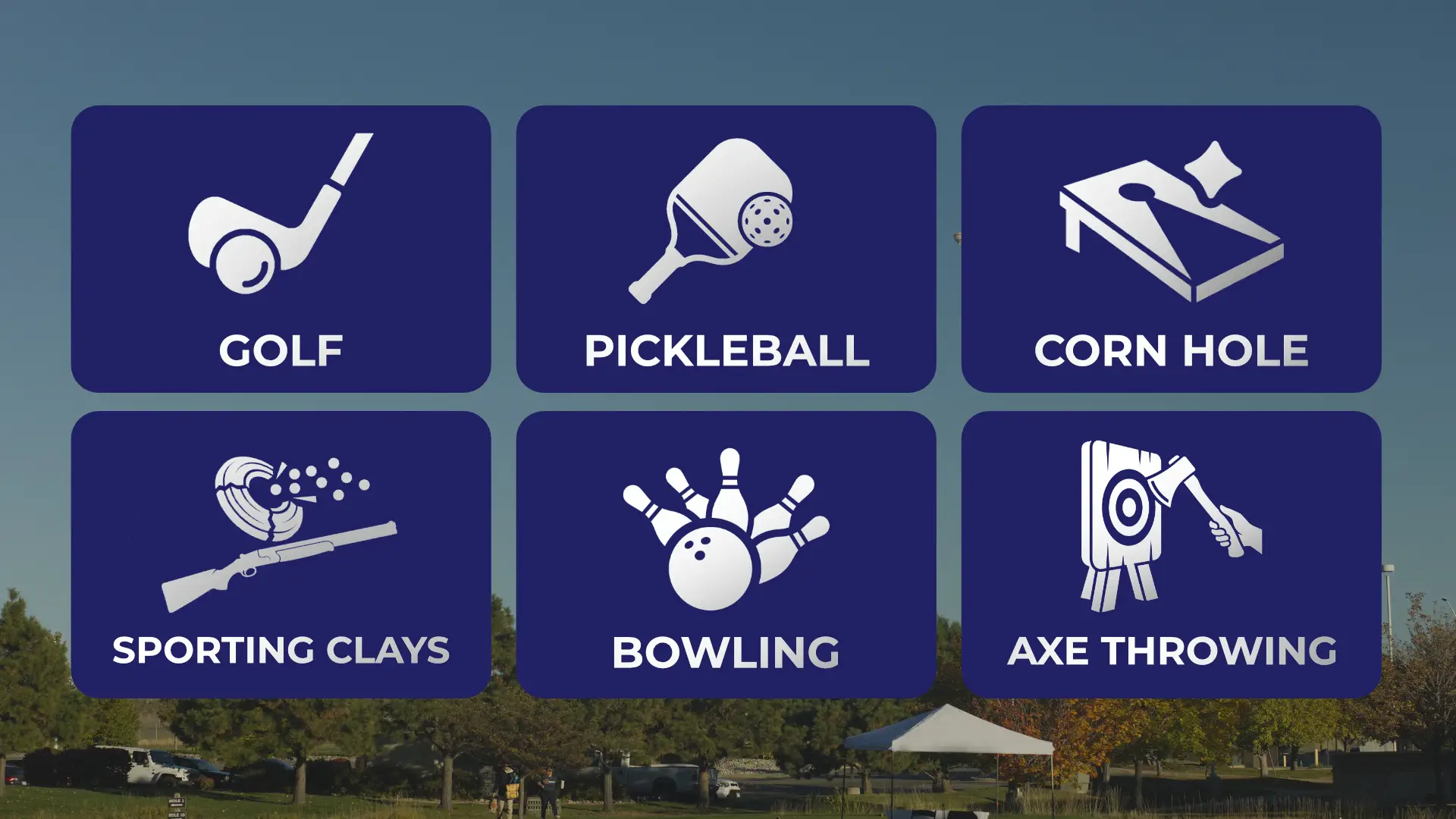 Six sport tiles: golf, pickleball, corn hole, sporting clays, bowling, axe throwing